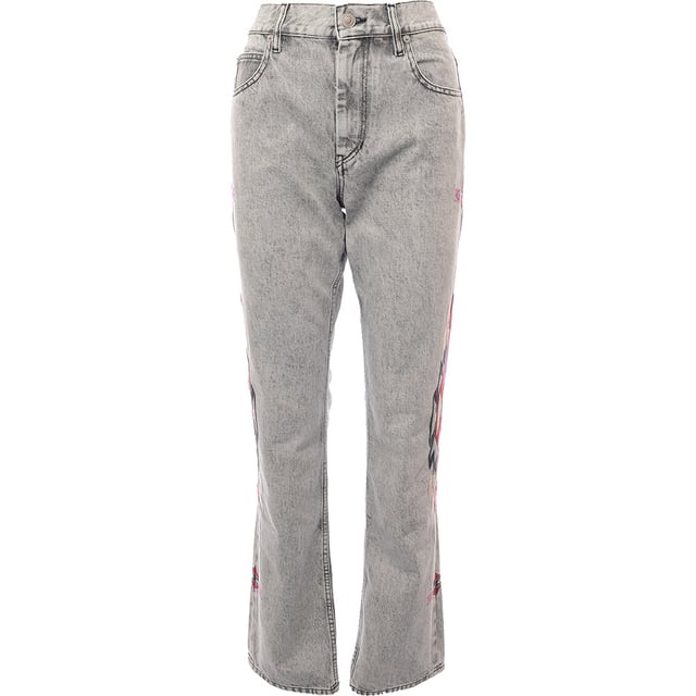 Straight-leg non-stretch denim jeans. Fading throughout. Featuring a leather logo patch at back waistband, graphic pattern embroidered at outseams and 5 pocket styling