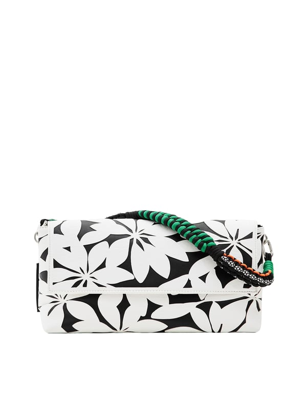 Umhängetasche mit Verschlussklappe, verschiedenen Henkeln und Riemen, Fächern und Taschen. Stoff in Lederoptik mit ausgestanzten Blumen.