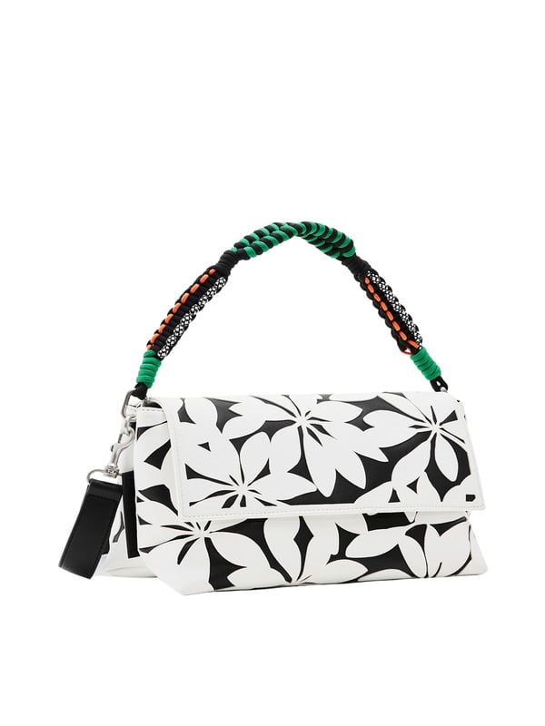 Umhängetasche mit Verschlussklappe, verschiedenen Henkeln und Riemen, Fächern und Taschen. Stoff in Lederoptik mit ausgestanzten Blumen.