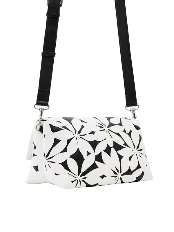 Umhängetasche mit Verschlussklappe, verschiedenen Henkeln und Riemen, Fächern und Taschen. Stoff in Lederoptik mit ausgestanzten Blumen.