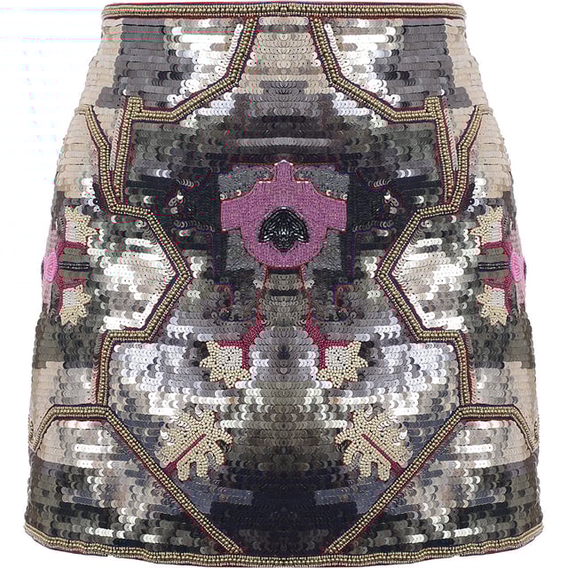 Isabel Marant embroiders this silvered Hanelis mini skirt with shimmering metallic sequins, creating a geometric floral pattern for a modern after-dark mood