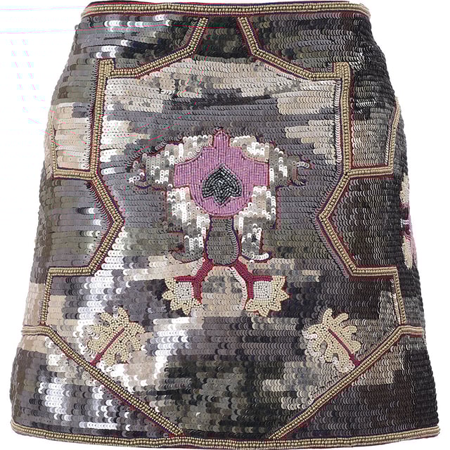 Isabel Marant embroiders this silvered Hanelis mini skirt with shimmering metallic sequins, creating a geometric floral pattern for a modern after-dark mood