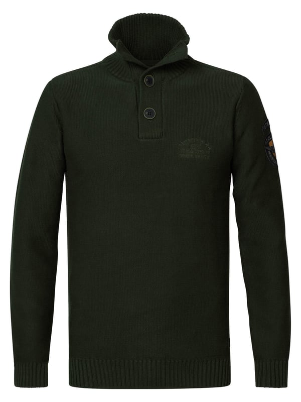 Effen gebreide trui met Troyer-kraag en ribgebreide manchetten van 100% katoen. Een must-have voor je garderobe.