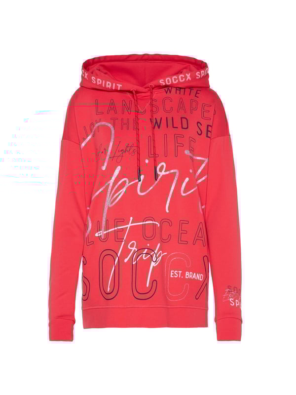 Opvallend anders! Het dameskapuzensweatshirt van het merk SOCCX krijgt door de viscosemix een stijlvolle, gladde haptiek. Een grote SOCCX-print met glitter- en glinstersteeneffecten siert de voorkant van het kapuzensweatshirt. De capuchon wordt geaccentueerd door een logo-print. Een klein SOCCX-kunstwerk siert de linkermouw.