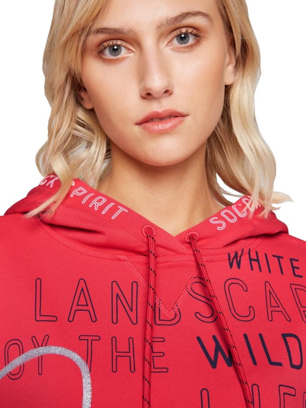 Opvallend anders! Het dameskapuzensweatshirt van het merk SOCCX krijgt door de viscosemix een stijlvolle, gladde haptiek. Een grote SOCCX-print met glitter- en glinstersteeneffecten siert de voorkant van het kapuzensweatshirt. De capuchon wordt geaccentueerd door een logo-print. Een klein SOCCX-kunstwerk siert de linkermouw.