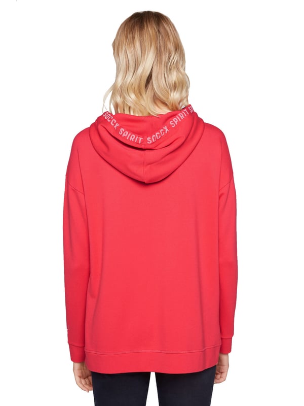 Opvallend anders! Het dameskapuzensweatshirt van het merk SOCCX krijgt door de viscosemix een stijlvolle, gladde haptiek. Een grote SOCCX-print met glitter- en glinstersteeneffecten siert de voorkant van het kapuzensweatshirt. De capuchon wordt geaccentueerd door een logo-print. Een klein SOCCX-kunstwerk siert de linkermouw.