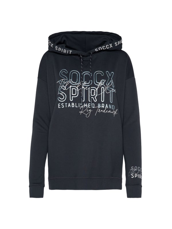 Opvallend anders! Het dameskapuzensweatshirt van het merk SOCCX krijgt door de viscosemix een stijlvolle, gladde uitstraling. Een grote SOCCX-print met glitter- en glinstereffecten siert de voorkant van het kapuzensweatshirt. De capuchon wordt geaccentueerd door een logoprint. Een klein SOCCX-artwork siert de linkerarm.
