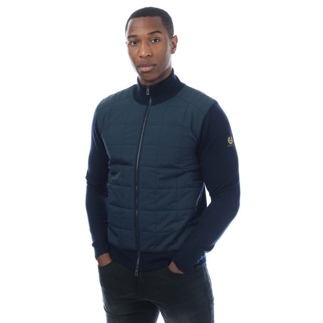 Mens Belstaff Kelbrook Zip Cardigan in navy.- Stand-up collar.- Exposed two-way zip closure with signature Belstaff zip hardware.- Ribbed collar  cuff & hem.- Quilted chest for added warmth.- Slim fit.- Body: 100% Wool. Woven: 100% Polyester.- Ref: 105303WSNVY