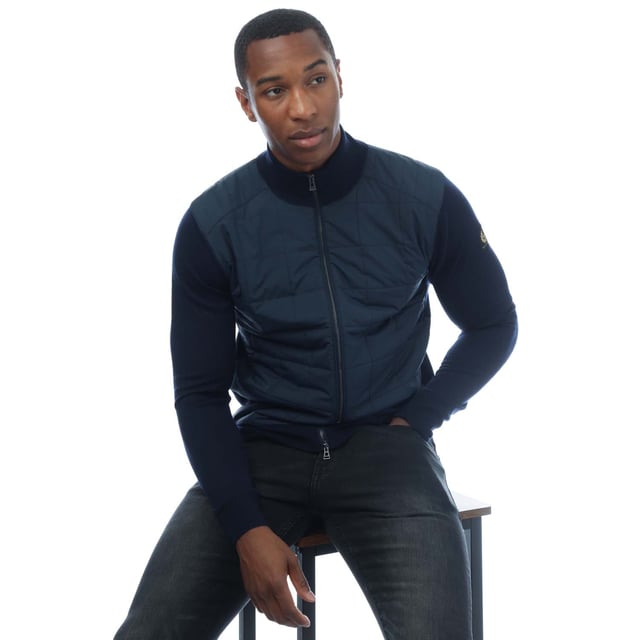 Mens Belstaff Kelbrook Zip Cardigan in navy.- Stand-up collar.- Exposed two-way zip closure with signature Belstaff zip hardware.- Ribbed collar  cuff & hem.- Quilted chest for added warmth.- Slim fit.- Body: 100% Wool. Woven: 100% Polyester.- Ref: 105303WSNVY
