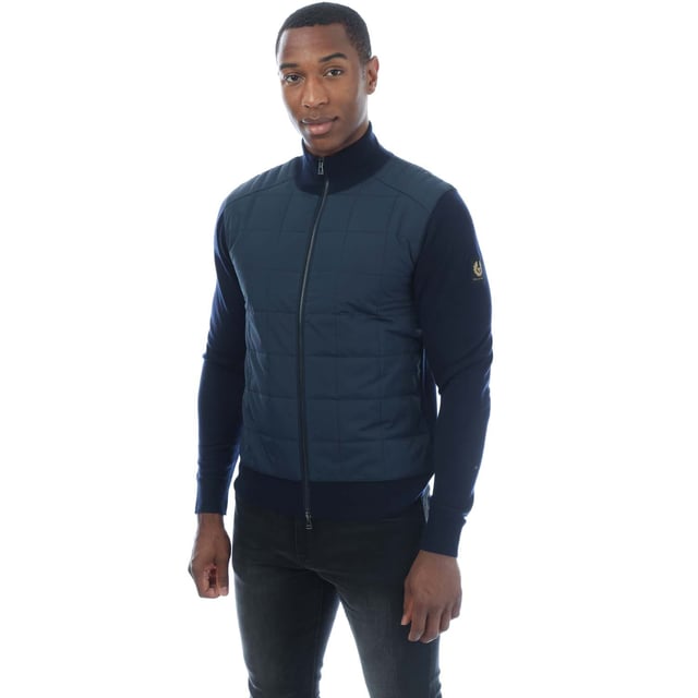 Mens Belstaff Kelbrook Zip Cardigan in navy.- Stand-up collar.- Exposed two-way zip closure with signature Belstaff zip hardware.- Ribbed collar  cuff & hem.- Quilted chest for added warmth.- Slim fit.- Body: 100% Wool. Woven: 100% Polyester.- Ref: 104410WSNVYM