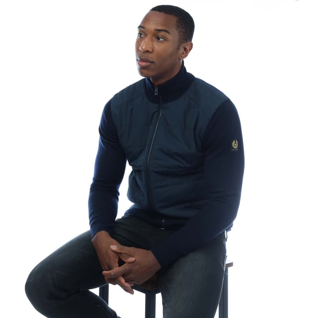 Mens Belstaff Kelbrook Zip Cardigan in navy.- Stand-up collar.- Exposed two-way zip closure with signature Belstaff zip hardware.- Ribbed collar  cuff & hem.- Quilted chest for added warmth.- Slim fit.- Body: 100% Wool. Woven: 100% Polyester.- Ref: 104410WSNVYM
