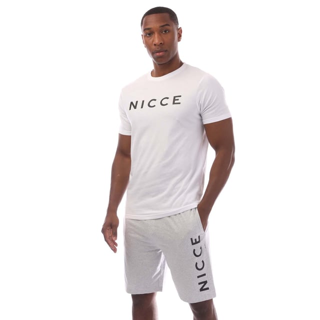 Mens Nicce Aberdeen Lounge Set in white grey.- T- Shirt:- Crewneck.- Short sleeves.- Printed logo.- Straight hem.- 100% Cotton.- Shorts:- Branded flat elasticated waistband.- Two slip pockets.- Printed branding.- 60% Cotton  40% Polyester.- Ref: NC2P131135BS2