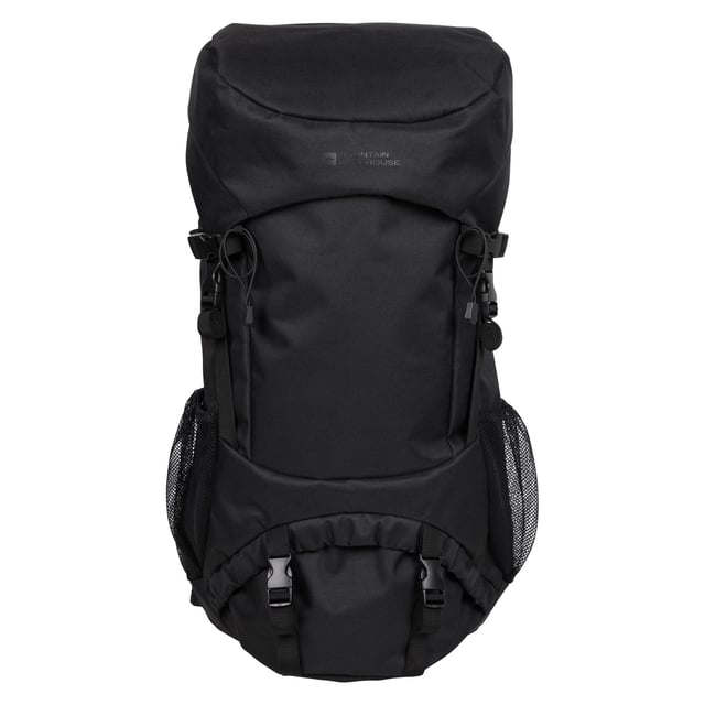 Mountain Warehouse Edinburgh 65L Rucksack (Black) 100% Polyester. Height: 72cm. Width: 35cm. Length: 23cm. Capacity: 65L. Pockets: Internal Mesh Pocket, Zip, 2 Mesh Pockets, 2 Front Pockets. Compartments: 1 Main Compartment. Adjustable Chest Strap, Adjustable Hip Straps, Air Mesh Back, Padded, Padded Adjustable Shoulder Straps. Fabric Technology: Breathable, Soft. Fastening: Flap, Toggle.