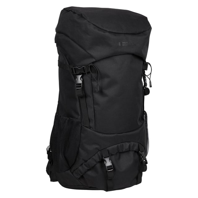 Mountain Warehouse Edinburgh 65L Rucksack (Black) 100% Polyester. Height: 72cm. Width: 35cm. Length: 23cm. Capacity: 65L. Pockets: Internal Mesh Pocket, Zip, 2 Mesh Pockets, 2 Front Pockets. Compartments: 1 Main Compartment. Adjustable Chest Strap, Adjustable Hip Straps, Air Mesh Back, Padded, Padded Adjustable Shoulder Straps. Fabric Technology: Breathable, Soft. Fastening: Flap, Toggle.