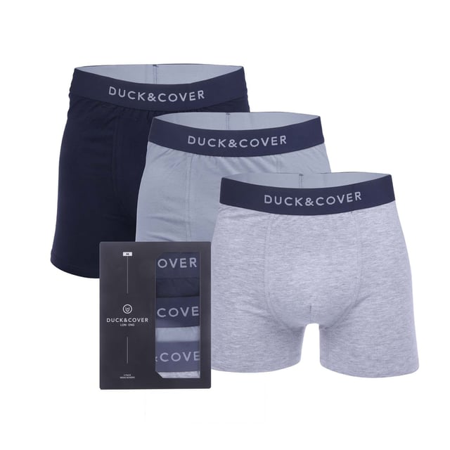Mens Duck and Cover Sagnet 3 Pack Boxers in navy - grey- Comprises 1 pair x navy  1 pair x grey  1 pair x grey marl boxers- Crafted from comfortable stretch cotton jersey.- Elasticated waistband with contrast Duck & Cover branding.- Plain: 95% Cotton  5% Elastane.  Marl: 65% Cotton  30% Cotton  5% Elastane.  Machine washable.  - Ref: DC2T124711NGWe regret that underwear is non-returnable due to hygiene reasons.