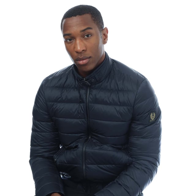 Mens Belstaff Circuit Jacket in dark ink.- Stand collar with adjustable throat latch.- Centre front zip closure.- Elasticated inner cuffs.- Rib at hem with racked stitch detailing.- Belstaff phoenix patch on left sleeve.- Two multi-stitch side pockets and one inside pocket with press-stud closures.- High-density  water-repellent nylon fabric.- High warmth to weight ratio.- Lightweight and compressible.- 750 fill power down.- 100% RDS certified down and feather.- Shell: 100% polyamide  Lining: 100% polyamide.  Filling: 90% white duck down  10% white duck feather.  Rib: 90% cotton  8% polyester  2% elastane.  Machine washable.- Ref: 105293DKINK