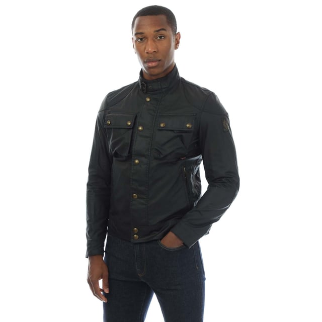 Mens Belstaff Waxed Cotton Racemaster Jacket in black.- Stand collar with adjustable throat latch.- Snap front placket and zip closure.- Two bellows chest pockets and two side zip pockets.- Reinforced shoulder and elbow panels and underarm ventilation.- 6 oz. waxed cotton with a proprietary blend of micro and technical waxes- Water and wind repellent.- Signature Belstaff cotton twill lining- Corduroy lining at the collar  cuffs and hem- Exterior: 100% Cotton.- Body lining: 100% Cotton. Sleeve lining: 100% Viscose.- Clean in professional care centre - Ref: 100031BLACK