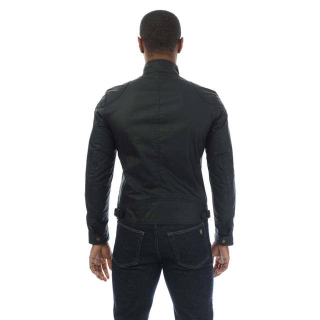 Mens Belstaff Waxed Cotton Racemaster Jacket in black.- Stand collar with adjustable throat latch.- Snap front placket and zip closure.- Two bellows chest pockets and two side zip pockets.- Reinforced shoulder and elbow panels and underarm ventilation.- 6 oz. waxed cotton with a proprietary blend of micro and technical waxes- Water and wind repellent.- Signature Belstaff cotton twill lining- Corduroy lining at the collar  cuffs and hem- Exterior: 100% Cotton.- Body lining: 100% Cotton. Sleeve lining: 100% Viscose.- Clean in professional care centre - Ref: 100031BLACK