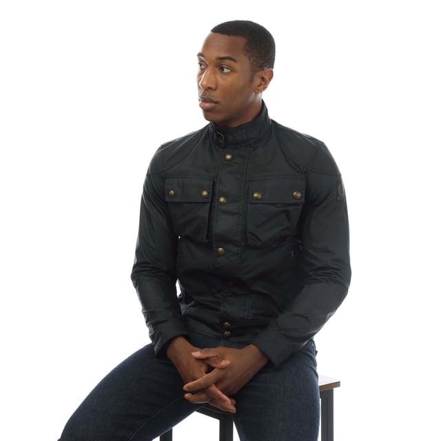 Mens Belstaff Waxed Cotton Racemaster Jacket in black.- Stand collar with adjustable throat latch.- Snap front placket and zip closure.- Two bellows chest pockets and two side zip pockets.- Reinforced shoulder and elbow panels and underarm ventilation.- 6 oz. waxed cotton with a proprietary blend of micro and technical waxes- Water and wind repellent.- Signature Belstaff cotton twill lining- Corduroy lining at the collar  cuffs and hem- Exterior: 100% Cotton.- Body lining: 100% Cotton. Sleeve lining: 100% Viscose.- Clean in professional care centre - Ref: 100031BLACK