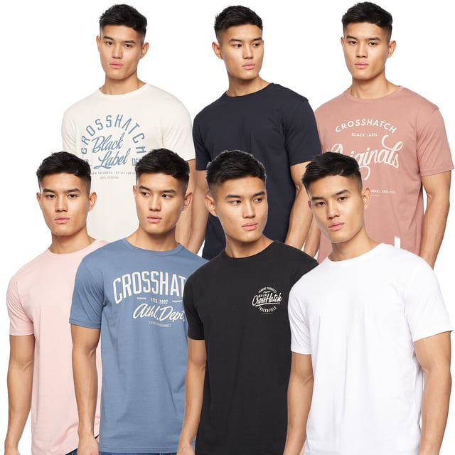 Mens Crosshatch Rapmoore 7 Pack T-ShirtsBehold this collection of seven distinguished men's cotton tees. Crafted with care  each tee showcases a seamlessly integrated inner back neck tape and a unique graphic print on the chest.- Ribbed crew neck- Short sleeves- 100% Cotton.  Machine washable.- Ref: CH2A122990ASSTK