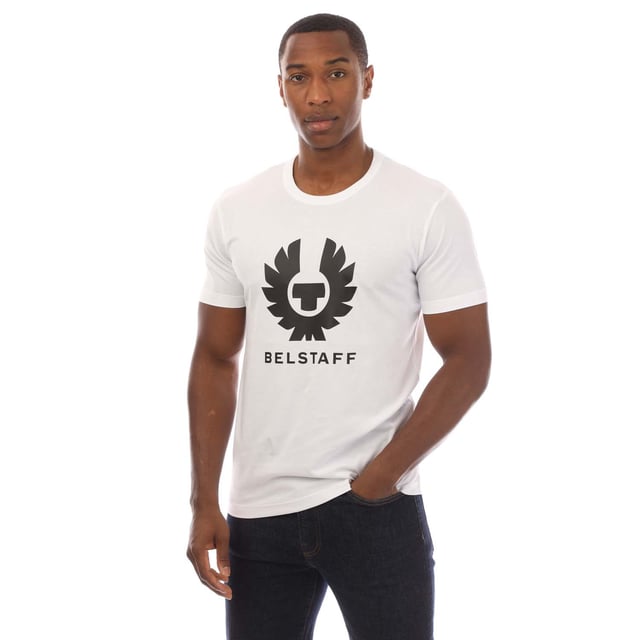 Mens Belstaff Cotton Jersey Phoenix T-Shirt in white.- Ribbed crew neck.- Short sleeves.- Phoenix logo graphic printed to front.- Soft  lightweight cotton jersey.- Regular fit.- 100% Cotton.  Machine washable.- Ref: 104142WHITE