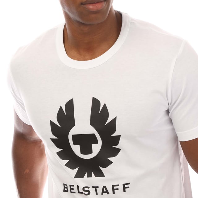 Mens Belstaff Cotton Jersey Phoenix T-Shirt in white.- Ribbed crew neck.- Short sleeves.- Phoenix logo graphic printed to front.- Soft  lightweight cotton jersey.- Regular fit.- 100% Cotton.  Machine washable.- Ref: 104142WHITE
