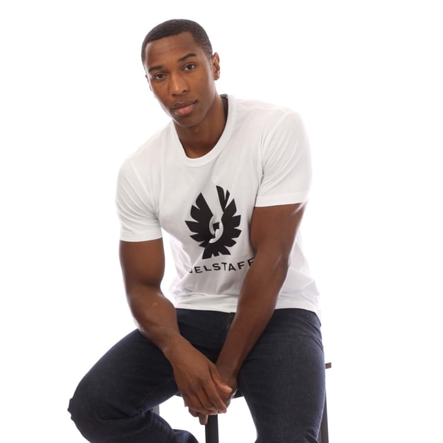 Mens Belstaff Cotton Jersey Phoenix T-Shirt in white.- Ribbed crew neck.- Short sleeves.- Phoenix logo graphic printed to front.- Soft  lightweight cotton jersey.- Regular fit.- 100% Cotton.  Machine washable.- Ref: 104142WHITE