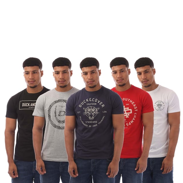 Mens Duck and Cover 5 Pack of Belvadier T- Shirts in multi colour.- Crew neck.- Short sleeves.- Printed branding.- Regular fit.- 5 pack.- 100% Cotton.- Ref: DC2A124117AS