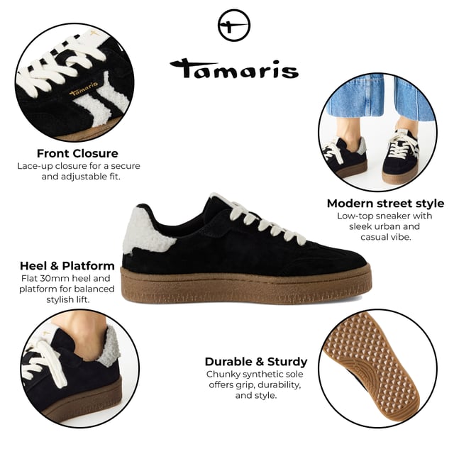 Voeg een vleugje luxe toe aan je dagelijkse stijl met deze modieuze sneakers van Tamaris. Deze veterschoenen zijn gemaakt van een hoogwaardige mix van zacht suède en textiel en hebben comfortabele details van imitatiebont voor extra stijl. Het sportieve silhouet krijgt een strakke, moderne afwerking, waardoor ze perfect zijn voor zowel casual dagen als chique stedelijke uitjes. Bovenmateriaal: Hoogwaardige mix van suède en textiel Voering & binnenzool: Zacht textiel voor de hele dag comfort Buitenzool: Synthetische zool met grip voor zelfverzekerde stappen Haktype & hoogte: Zonder hak, met een zool van 30 mm voor subtiele verhoging Schachthoogte: 6,5 cm Schoentype: Vetersneakers voor dames