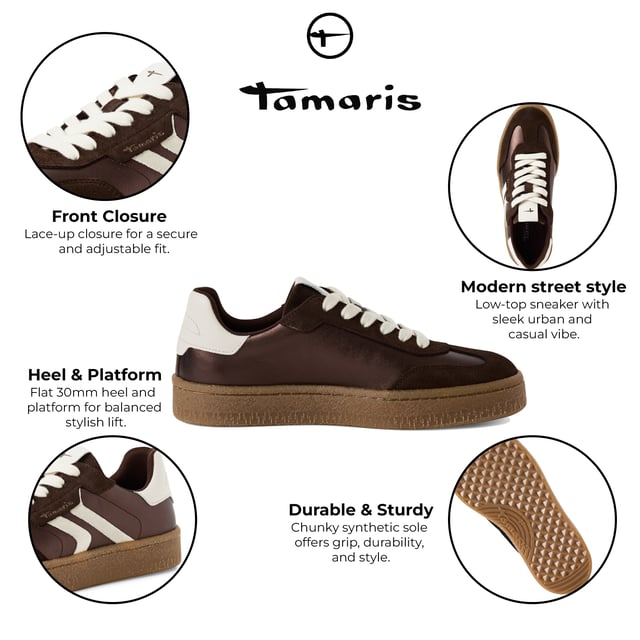 Add a touch of luxury to your everyday style with these fashion-forward sneakers from Tamaris. Crafted from a premium mix of soft suede leather, these lace-up trainers feature stripes for added style. The sporty silhouette is elevated with a clean, modern finish, making them perfect for both casual days and chic urban outings.

Upper Material: High-quality mix of suede leather and textile
Lining & Insole: Soft textile for all-day comfort
Outsole: Grippy synthetic sole for confident steps
Heel Type & Height: No heel, with a 30 mm sole for subtle elevation
Shaft Height: 6.5 cm
Shoe Type: Women’s lace-up sneakers