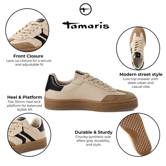Add a touch of luxury to your everyday style with these fashion-forward sneakers from Tamaris. Crafted from a premium mix of soft suede leather, these lace-up trainers feature stripes for added style. The sporty silhouette is elevated with a clean, modern finish, making them perfect for both casual days and chic urban outings.

Upper Material: High-quality mix of suede leather and textile
Lining & Insole: Soft textile for all-day comfort
Outsole: Grippy synthetic sole for confident steps
Heel Type & Height: No heel, with a 30 mm sole for subtle elevation
Shaft Height: 6.5 cm
Shoe Type: Women’s lace-up sneakers