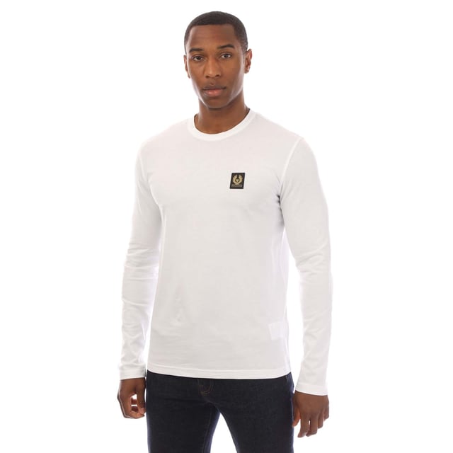 Mens Belstaff Cotton Jersey Long Sleeve T-Shirt in white.- Crew neck.- Long sleeves.- Belstaff logo patch at left chest.- Soft  lightweight cotton jersey.- Slim fit.- 100% Cotton. Machine washable.- Ref: 100054WHITE