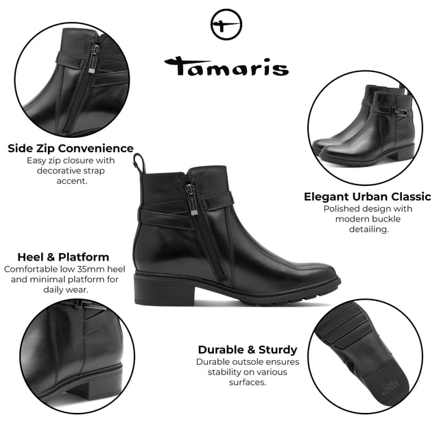 Deze Tamaris enkellaarsjes van echt leer combineren elegantie met dagelijks comfort. Dankzij de rits aan de zijkant en de Touch-It binnenzool zijn ze ideaal voor smart-casual looks en dagelijks gebruik. Belangrijkste kenmerken: Bovenwerk van hoogwaardig echt leer, handige ritssluiting aan de zijkant, zachte textielvoering en binnenzool, Touch-It voetbed past zich aan de vorm van je voet aan, hakhoogte van 35 mm voor subtiele lift, duurzame synthetische buitenzool, perfect voor zowel casual als nette outfits.