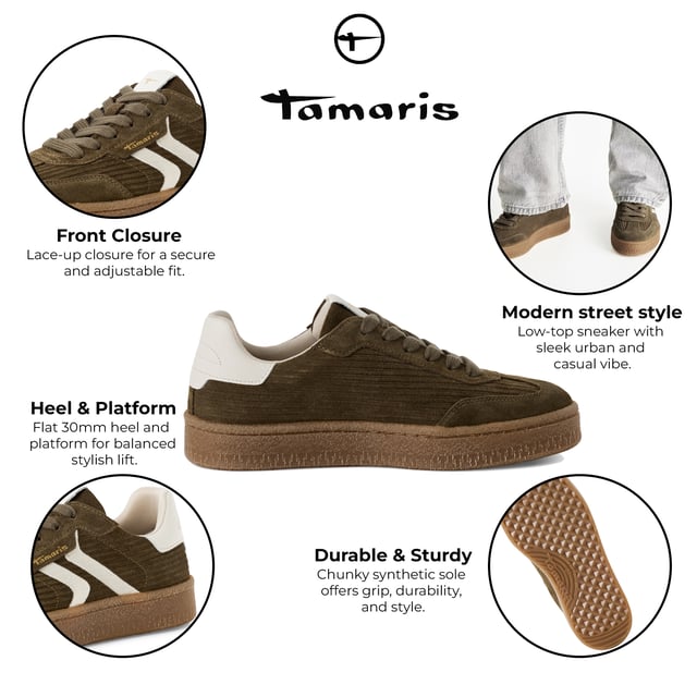 Voeg een vleugje luxe toe aan je dagelijkse stijl met deze modieuze sneakers van Tamaris. Deze veterschoenen zijn gemaakt van een hoogwaardige mix van zacht suède en hebben strepen voor extra stijl. Het sportieve silhouet is verfijnd met een strakke, moderne afwerking, waardoor ze perfect zijn voor zowel casual dagen als chique stedelijke uitjes. Bovenmateriaal: Hoogwaardige mix van suède en textiel Voering & binnenzool: Zacht textiel voor de hele dag comfort Buitenzool: Synthetische zool met grip voor zelfverzekerde stappen Haktype & hoogte: Zonder hak, met een zool van 30 mm voor subtiele verhoging Schachthoogte: 6,5 cm Schoentype: Vetersneakers voor dames