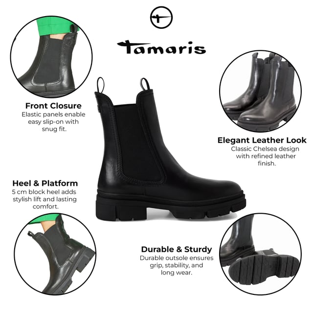 Upgrade je garderobe met deze leren Chelsea boots van Tamaris, ontworpen voor langdurig comfort en een strakke, hoge enkellook. Met een blokhak en comfortabele voering en binnenzool zorgen ze voor comfort en stijl, de hele dag door. Belangrijkste kenmerken: Bovenwerk van echt leer Klassiek instapmodel Chelsea boots Textielvoering en binnenzool Comfortabele voering en touchtechnologie voor dempend comfort Stabiele blokhak van 50 mm Schachthoogte: 17,5 cm Duurzame synthetische buitenzool