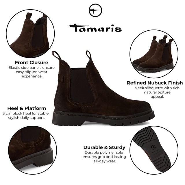 Deze leren Chelsea boots van Tamaris combineren een tijdloze stijl met dagelijks comfort. Ze zijn ontworpen met een ondersteunende blokhak, zachte voering en een klassieke enkelpasvorm en vormen een perfecte aanvulling op je schoenencollectie. Belangrijkste kenmerken: Bovenwerk van hoogwaardig leer, Chelsea boots met instapmodel, zachte binnenzool en voering van textiel, comfortabele voering voor optimaal draagcomfort, blokhak van 30 mm voor balans en ondersteuning, schachthoogte: 13 cm, duurzame buitenzool van gemengd materiaal.