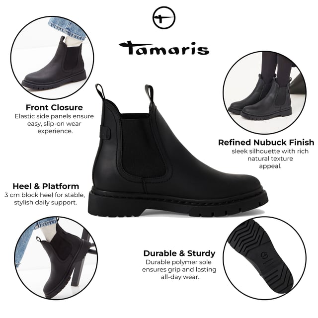Diese Chelsea Boots von Tamaris vereinen zeitlosen Stil mit Alltagskomfort. Mit ihrem stützenden Blockabsatz, dem weichen Futter und der klassischen Knöchelpassform sind sie die perfekte Ergänzung für Ihre Schuhkollektion. Hauptmerkmale: Obermaterial aus hochwertigem Leder, Chelsea-Boot-Design zum Hineinschlüpfen, weiche Innensohle und Futter aus Textil, Komfort-Innenfutter für optimalen Tragekomfort, 30 mm Blockabsatz für Stabilität und Halt, Schafthöhe: 13 cm, strapazierfähige Laufsohle aus Materialmix