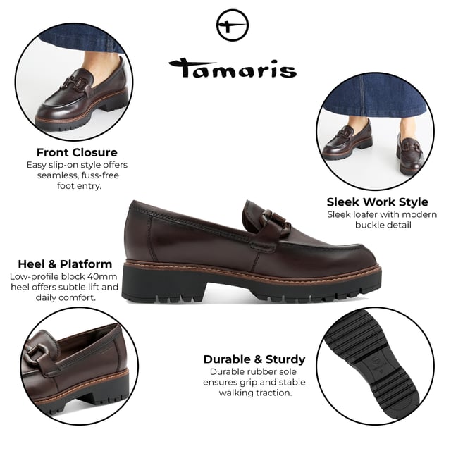 Estos mocasines de piel Tamaris para mujer combinan un estilo moderno con una comodidad duradera. Diseñados con una elegante suela de plataforma y fáciles de poner, son ideales para el día a día o para salidas informales. Características principales: Parte superior de piel auténtica negra. Cómodo diseño sin cordones. Forro textil y sintético para mayor transpirabilidad. Plantilla sintética acolchada. Tacón de plataforma de 40 mm para una sutil elevación. Suela sintética resistente. Altura de la caña: 6 cm.