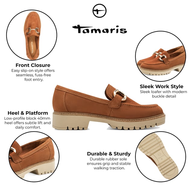 These Tamaris women’s leather loafers combine modern style with lasting comfort. Designed with a sleek platform sole and slip-on ease, they’re ideal for daily wear or casual outings.

Key Features:
Genuine black leather upper
Comfortable slip-on design
Textile & synthetic lining for breathability
Cushioned synthetic insole
40mm platform heel for subtle lift
Durable synthetic outsole
Shaft height: 6.0 cm