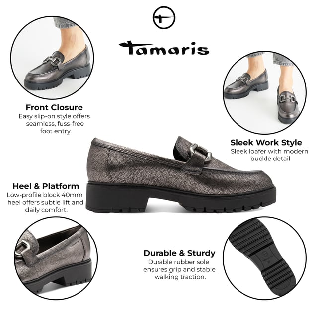 Estos mocasines de piel Tamaris para mujer combinan un estilo moderno con una comodidad duradera. Diseñados con una elegante suela de plataforma y fáciles de poner, son ideales para el día a día o para salidas informales. Características principales: Parte superior de piel auténtica negra. Cómodo diseño sin cordones. Forro textil y sintético para mayor transpirabilidad. Plantilla sintética acolchada. Tacón de plataforma de 40 mm para una sutil elevación. Suela sintética resistente. Altura de la caña: 6 cm.