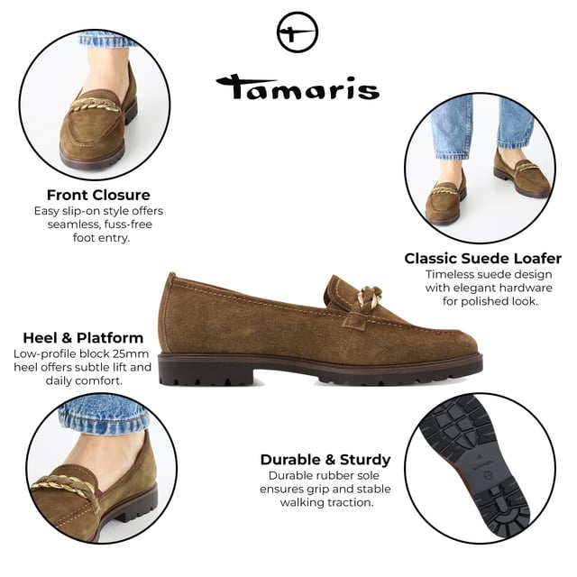 Luce un estilo atemporal y comodidad durante todo el día con estos mocasines Tamaris de ante para mujer. Diseñados para un uso cómodo, estos mocasines sin cordones cuentan con una parte superior de ante suave y una plantilla de soporte para mayor comodidad a diario. Características principales: Parte superior de ante genuino. Diseño sin cordones que prioriza la comodidad. Forro suave: mezcla de tela y sintético. Tacón de 25 mm sin tacón. Suela sintética resistente. Altura de la caña: 6,5 cm. Plantilla: sintética.