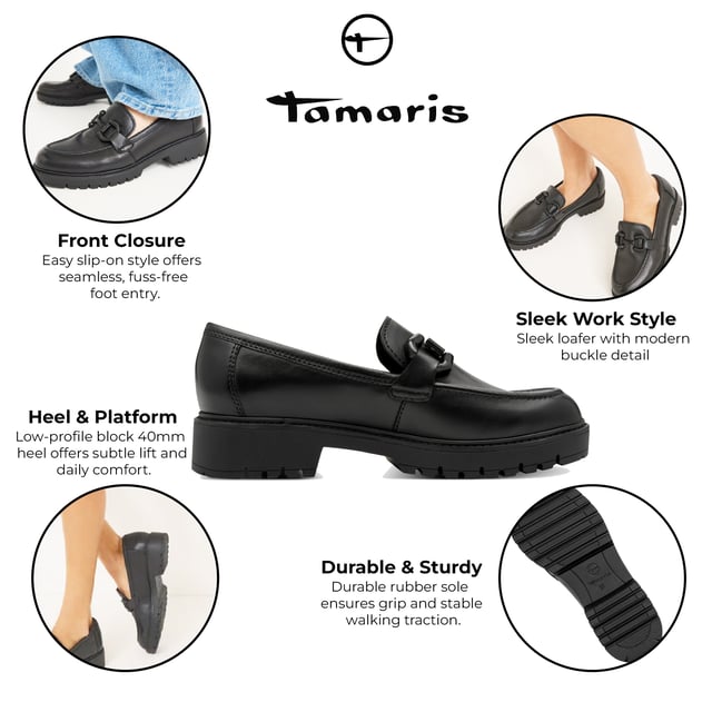 These Tamaris women’s leather loafers combine modern style with lasting comfort. Designed with a sleek platform sole and slip-on ease, they’re ideal for daily wear or casual outings.

Key Features:
Genuine black leather upper
Comfortable slip-on design
Textile & synthetic lining for breathability
Cushioned synthetic insole
40mm platform heel for subtle lift
Durable synthetic outsole
Shaft height: 6.0 cm