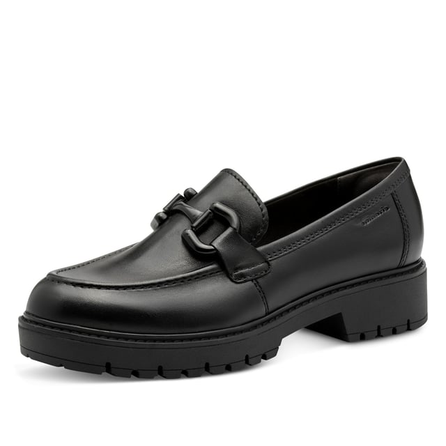 These Tamaris women’s leather loafers combine modern style with lasting comfort. Designed with a sleek platform sole and slip-on ease, they’re ideal for daily wear or casual outings.

Key Features:
Genuine black leather upper
Comfortable slip-on design
Textile & synthetic lining for breathability
Cushioned synthetic insole
40mm platform heel for subtle lift
Durable synthetic outsole
Shaft height: 6.0 cm
