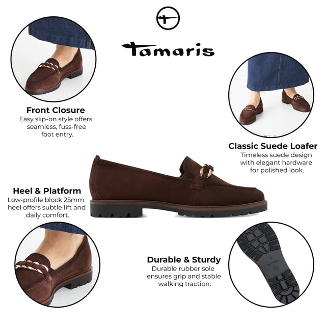 Step into timeless style and all-day comfort with these Tamaris women's suede leather loafers. Designed for effortless wear, these slip-on shoes feature a soft suede upper and a supportive insole for daily comfort.

Key Features:
Genuine suede leather upper
Comfort-focused slip-on design
Soft lining: textile & synthetic blend
25mm heel height with no heel type
Durable synthetic sole
Shaft height: 6.5 cm
Insole: synthetic