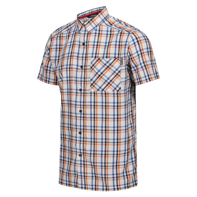 90% Polyester, 10% Viscose. Design: Checked, Contrast Detail. Pockets: 1 Chest Pocket. Fastening: Button-Down. Neckline: Collared. Sleeve-Type: Short-Sleeved. Fabric Technology: Durable, Moisture Wicking, Quick Dry. Sun Rating: UPF 30+. Woven Label.