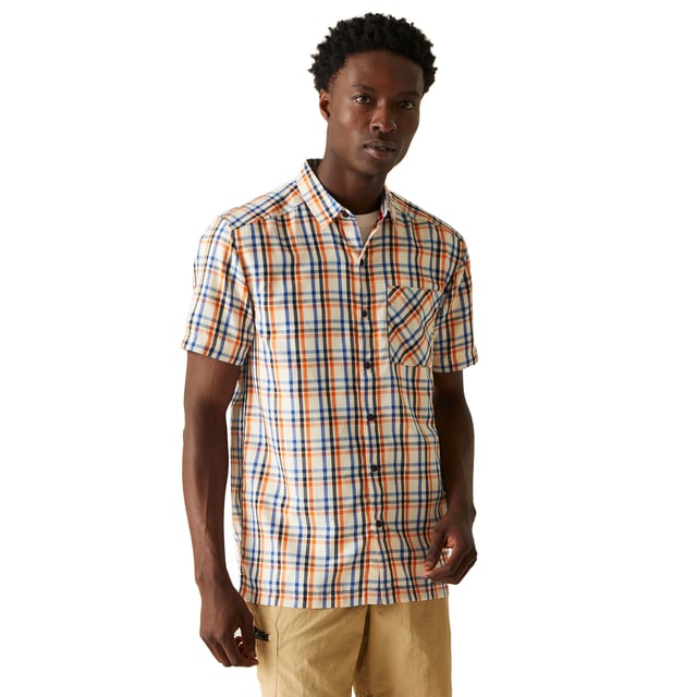 90% Polyester, 10% Viscose. Design: Checked, Contrast Detail. Pockets: 1 Chest Pocket. Fastening: Button-Down. Neckline: Collared. Sleeve-Type: Short-Sleeved. Fabric Technology: Durable, Moisture Wicking, Quick Dry. Sun Rating: UPF 30+. Woven Label.