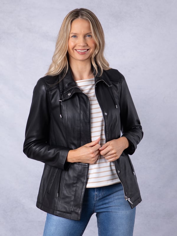 Levens Leather Field Jacket in Black The Levens field jacket, crafted in sumptuously soft UK-sourced black leather, is designed to protect you from the elements and keep you looking stylish.This jacket features a funnel neck drawstring collar and front pockets, as well as a drawstring waist so it can be worn cinched in or left loose. Its longer length and centre zip fastening with added front placket provides added protection from the great British weather, and equally serves to flatter your form.