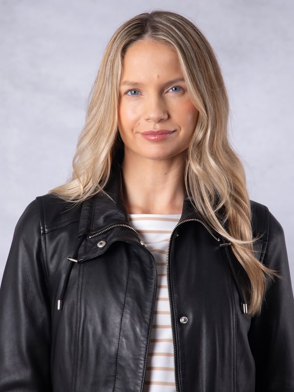 Levens Leather Field Jacket in Black The Levens field jacket, crafted in sumptuously soft UK-sourced black leather, is designed to protect you from the elements and keep you looking stylish.This jacket features a funnel neck drawstring collar and front pockets, as well as a drawstring waist so it can be worn cinched in or left loose. Its longer length and centre zip fastening with added front placket provides added protection from the great British weather, and equally serves to flatter your form.