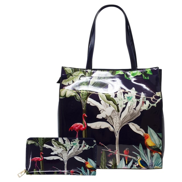 Adorned with a glossy topical print, this tote offers a stylish and unique touch to your everyday look. With matching purse that provides multiple compartments, this bag set will be a talking statement piece. This set would be perfect for gifting or treating yourself.
Colour: Black.
Water Resistant.
Vinyl PU/Polyester.
Bag: L x H x W = 34cm x 34cm x 9cm.
Purse: L x W x D = 19cm x 10cm x 2.5cm.
SKU: HB346102.