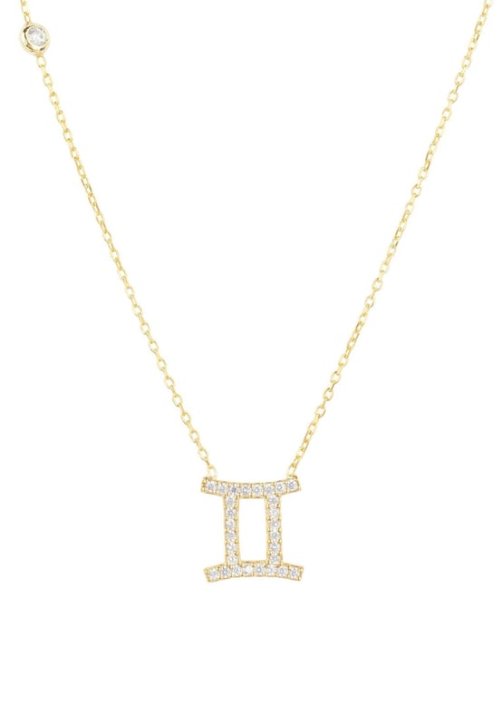 Made of 925 sterling silver, dipped in 22ct gold. This necklace is hand set with multifaceted white zircons.Geminis celebrate birthdays May 21 - June 20Finished with a lobster clasp, and size adjusterDimensions: Necklace can be worn 40cm chain length or 45cm chain length using adjuster. Motif 1.5cm x 1cmPackaging:This item is presented in a Latelita London signature packagingCare Instructions:To maintain your jewellery, wipe gently with a damp cloth that is soft and clean. Do not soak in water. Avoid contact with soaps, detergents, perfume or hair spray.